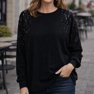 Tahari $98 XL Black Sequin Embellished Batwing Shoulder Sleeve Knit‎ Sweater